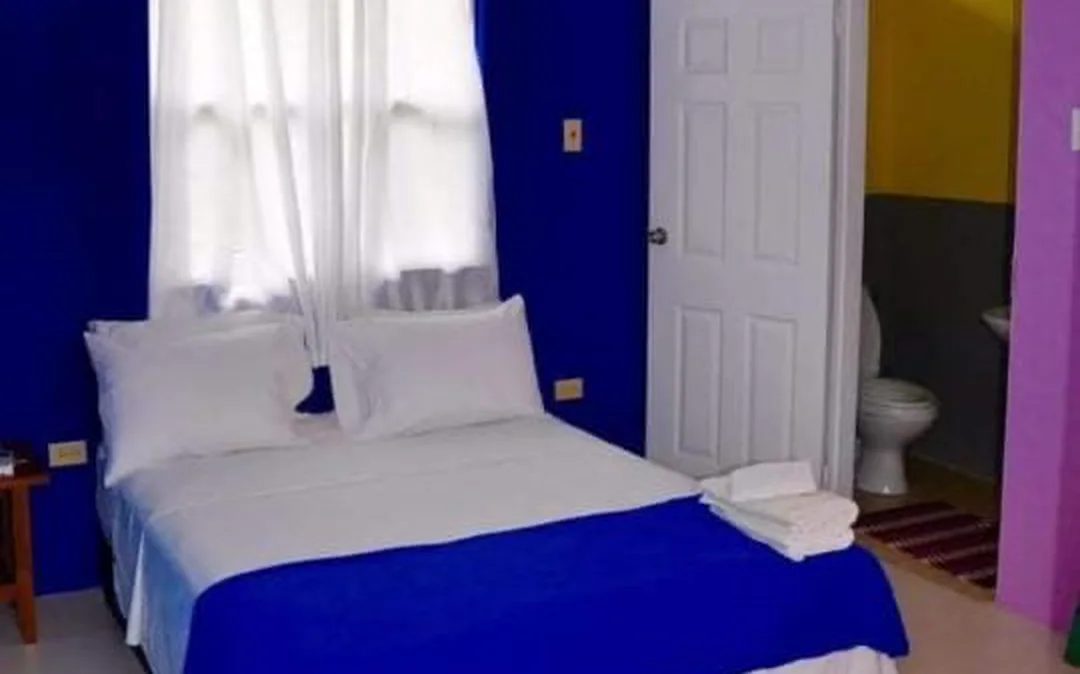 A queen bed against deep blue walls, its own bathroom through the door