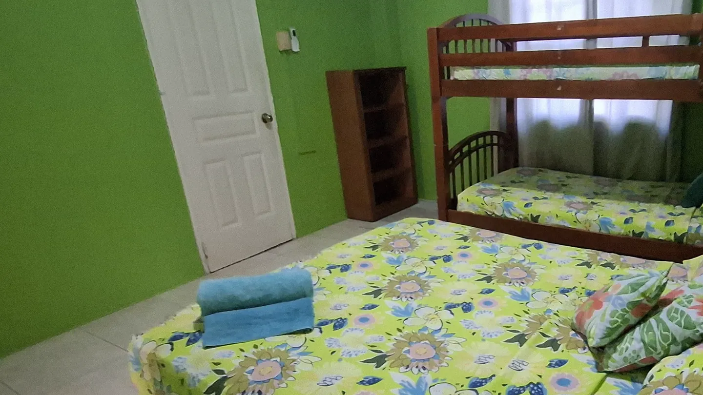 The apartment's green bedroom, a queen bed beside a bunk and a closet shelf