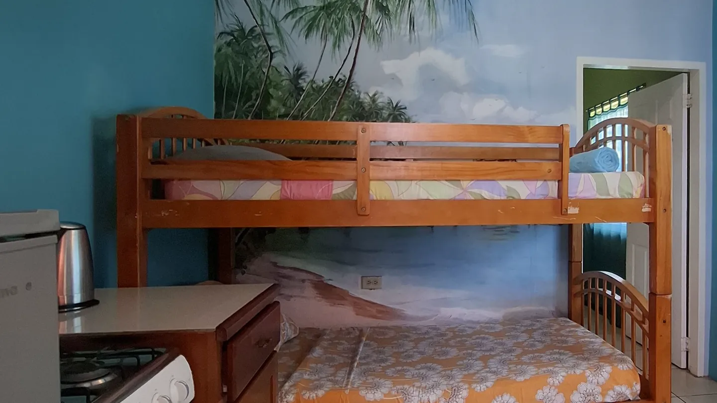 The unit's twin-over-double bunk against a painted palm mural, beside the kitchenette