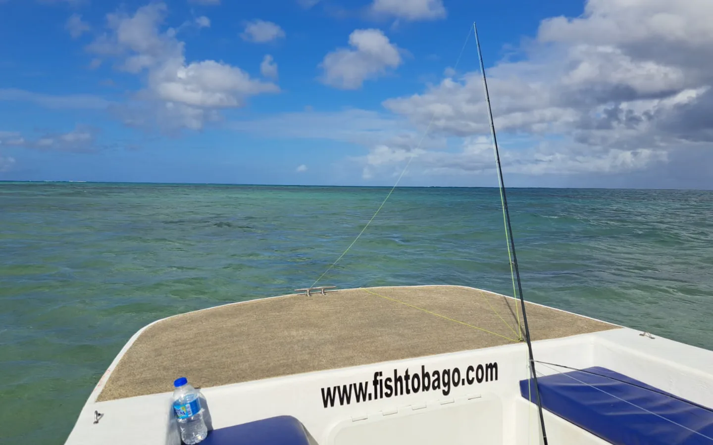 The bow of the Fish Tobago boat anchored over the reef in clear water
