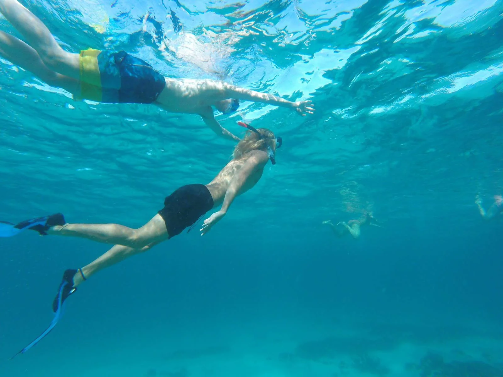 Two snorkellers swimming side by side in clear turquoise water over the reef